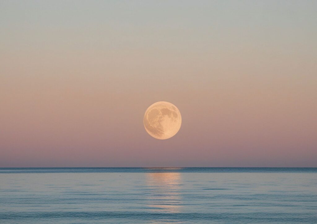 Ein ruhiger Vollmond über stillem Wasser, seine Spiegelung im warmen Abendlicht